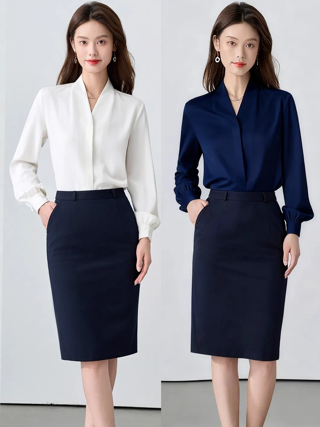 Blusas elegantes de manga longa em poliéster com decote em V para mulheres