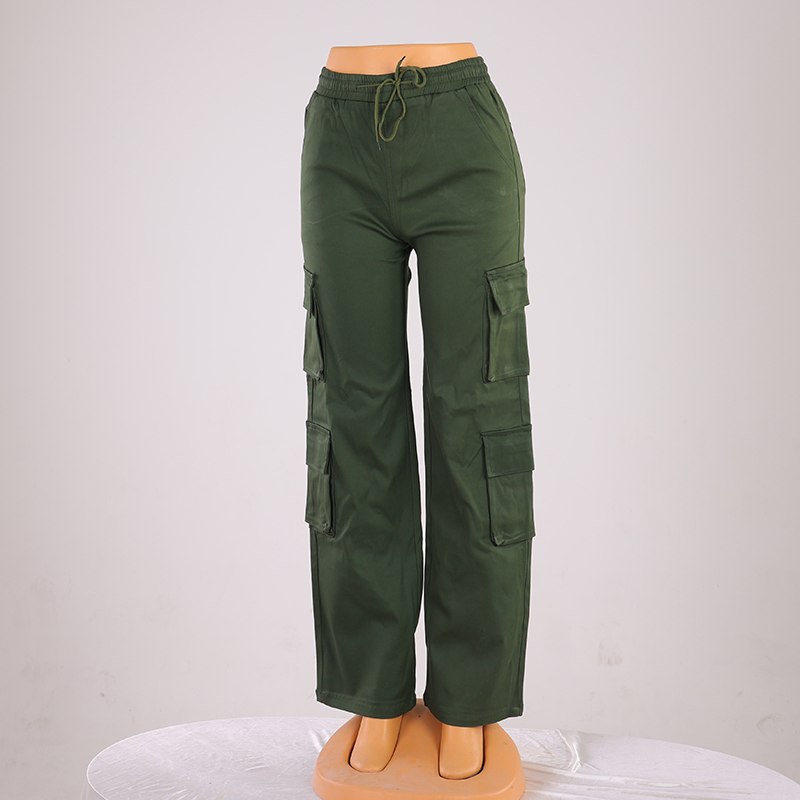 Calças Casuais Femininas Largas 100% Algodão Twill Múltiplos Bolsos Funcionais