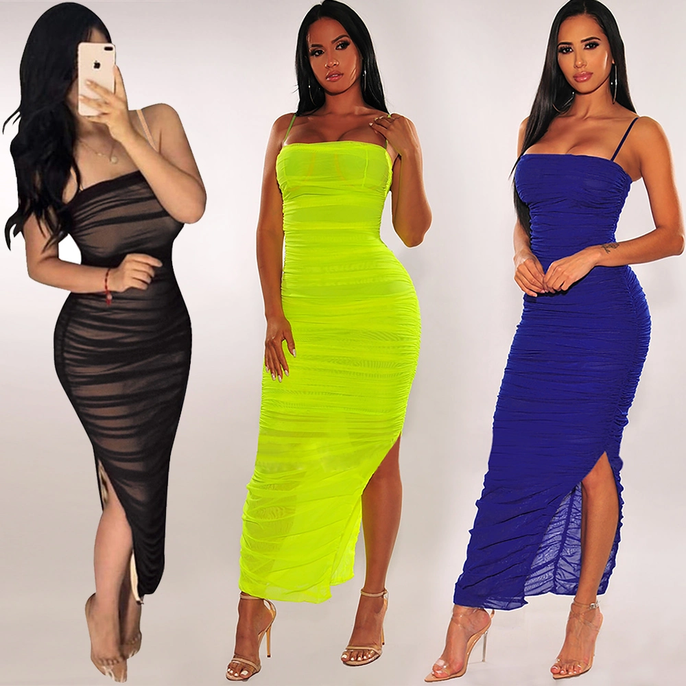 2020 Vestido de Festa Sexy com Mangas Longas e Fenda, Estilo Fashion, em Rede Transparente para Mulheres