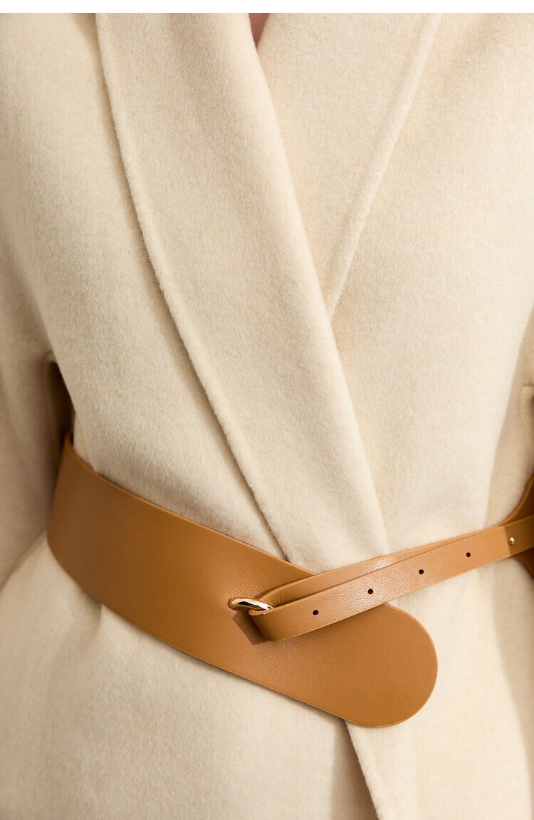 Roupas femininas personalizadas por atacado, casacos de caxemira de alta qualidade com fechamento de cinto de couro, ajuste longo, luxo para o inverno