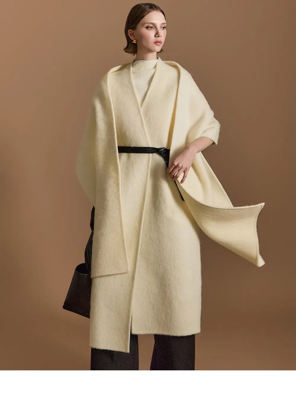 Casaco de Lã com Gola de Cape de Luxo para Mulheres, Oversized, com Cinto, Sobretudo Longo de Lã, Elegante, Roupa Externa