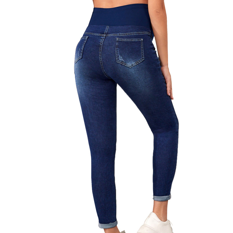 Calças de cintura alta de denim para mulheres grávidas europeias e americanas, calças skinny da moda com pernas pequenas e elásticas, mamãe estilosa