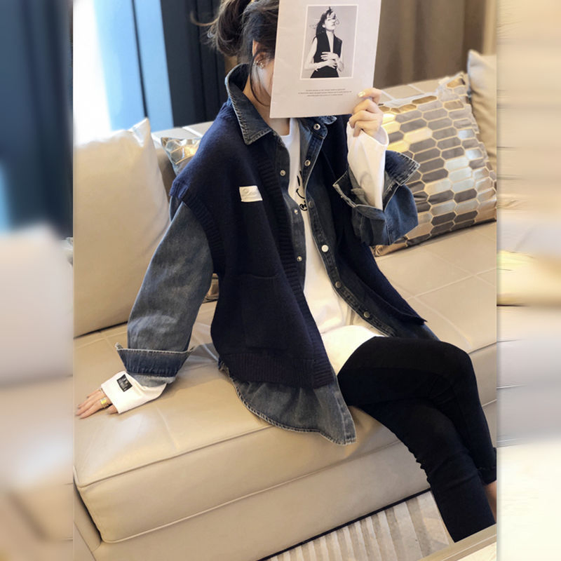 Camisa de Denim com Splicing da Estação Europeia, Casaco, Primavera e Outono, Nova Moda, Roupas Abertas de Duas Camadas para Mulheres, Atacado