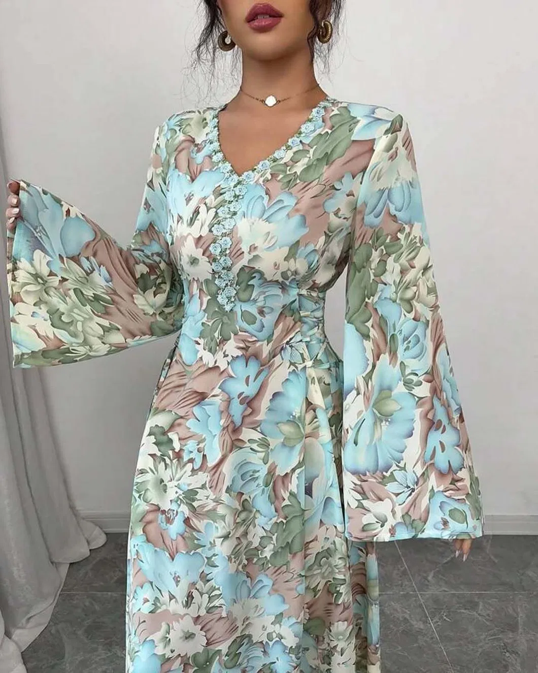 Vestido Maxi Floral de Chiffon para Mulheres, com Decote em V, Manga Sino, Vestido Longo Boho, Vestido em A-Line