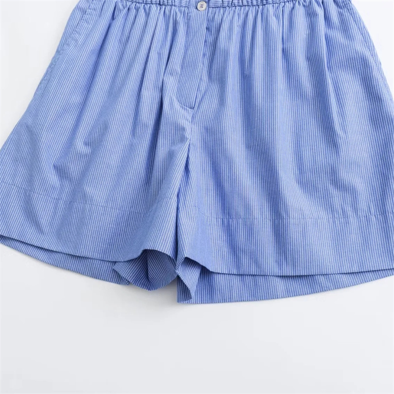 Novo Estilo Casual de Moda Calças Curtas de Popeline Listradas em Azul com Recortes na Cintura Média Roupas Femininas Atacado