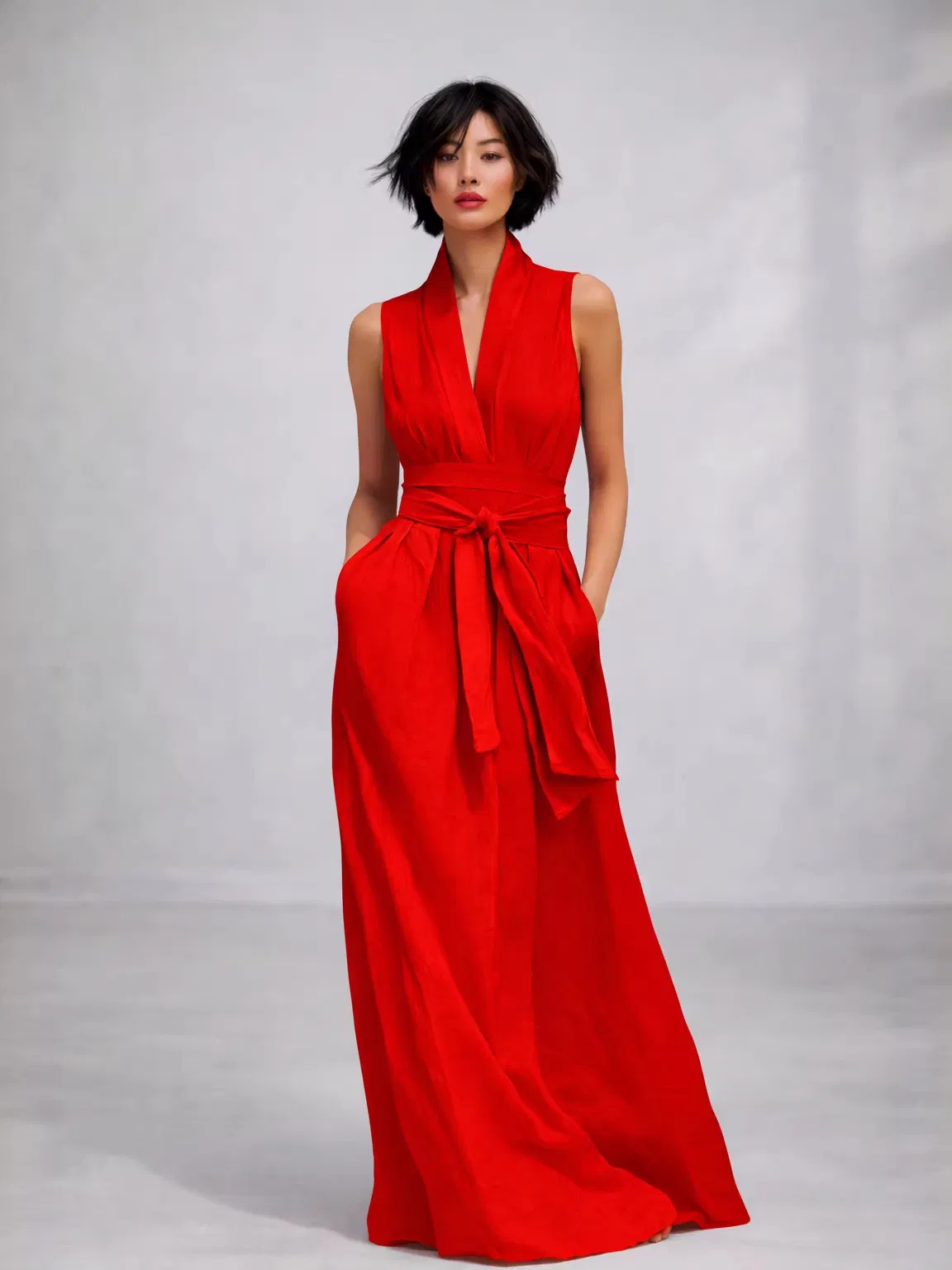Vestido Maxi Sem Mangas de Decote em V com Cinto em Multicor para Mulheres com Bolsos, Fluido, Corte A, Vestido Formal de Noite