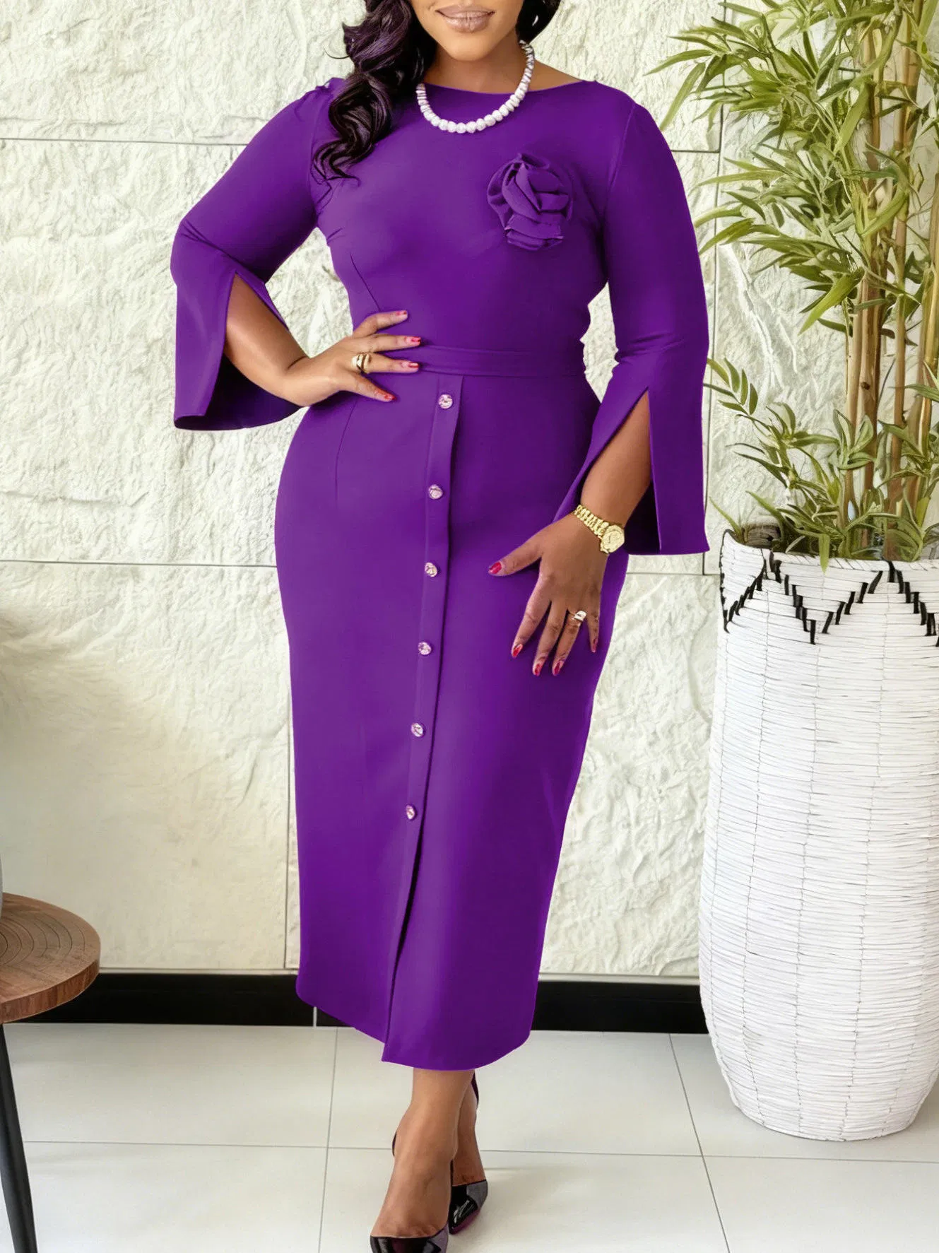 Elegante Blusa Feminina com Mangas Largas e Botões Florais, Ajuste Slim, Estilo Africano, Roupas de Trabalho Femininas