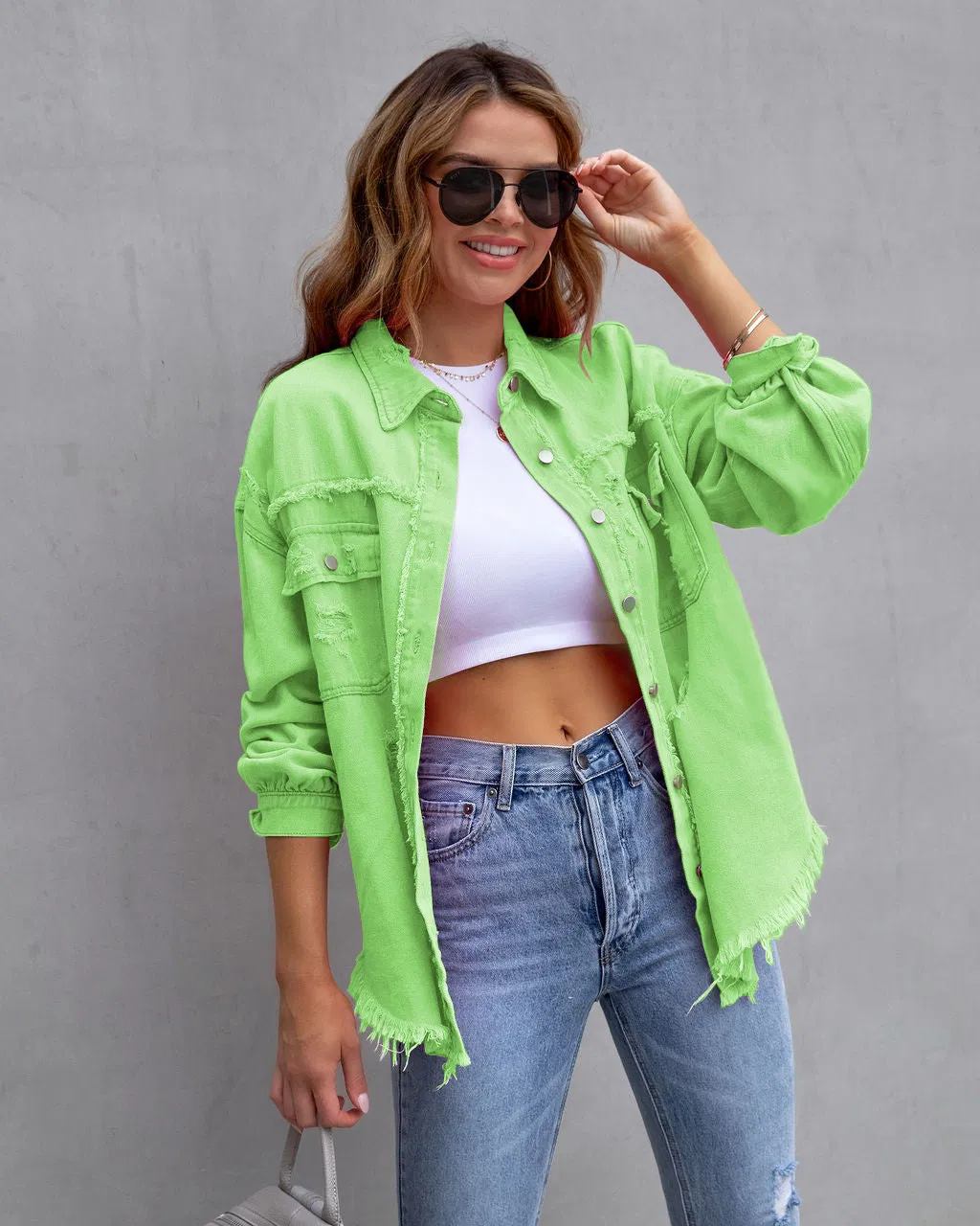 Jaqueta de Denim Multicolorida para Mulheres Roupas Casuais Casaco Feminino de Comprimento Médio Jaquetas de Denim Desgastadas Camisas Soltas Casuais para Quatro Estações Jaqueta de Jeans Moda de Rua