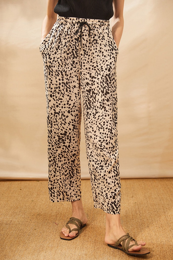 Calças largas casuais de verão para mulheres com estampa de leopardo e cordão na cintura