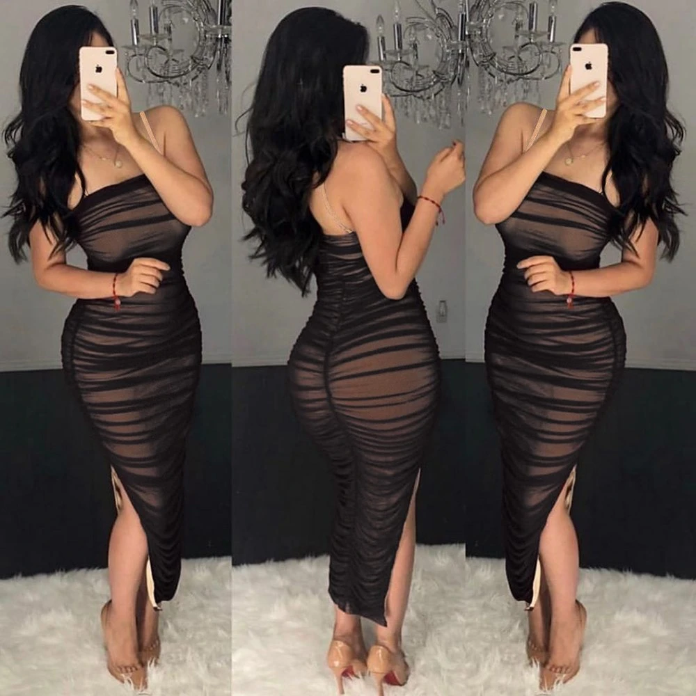 2020 Vestido de Festa Sexy com Mangas Longas e Fenda, Estilo Fashion, em Rede Transparente para Mulheres