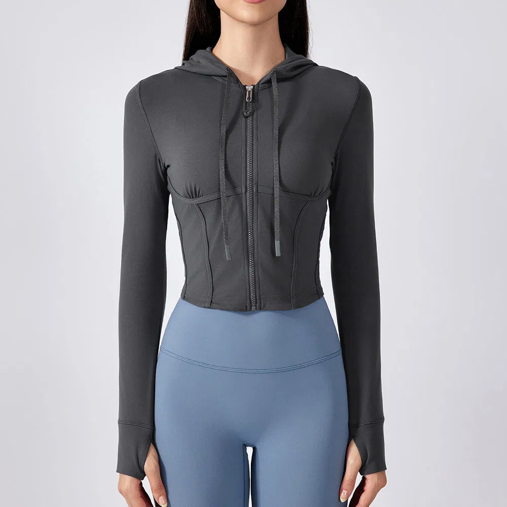 Jaqueta de Fitness ao Ar Livre para Mulheres, Cropped, Ajuste Slim, com Capuz, com Cordão, Casaco para Treino