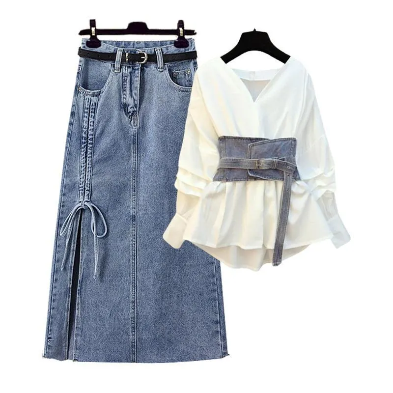 Conjunto de Roupas de Camisa com Cintura Fina e Saia de Jeans para Mulheres Plus Size OEM