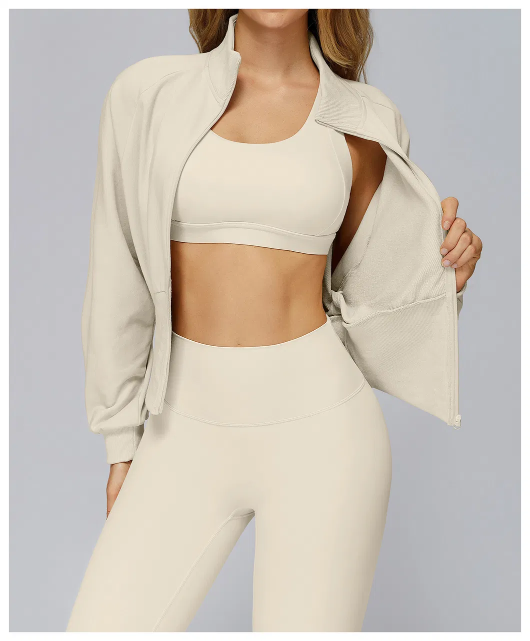 Conjunto de Fitness de Alta Qualidade para Mulheres: Sutiã, Jaqueta e Leggings, Roupas de Atividade Esportiva