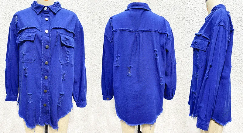 Jaqueta de Denim Multicolorida para Mulheres Roupas Casuais Casaco Feminino de Comprimento Médio Jaquetas de Denim Desgastadas Camisas Soltas Casuais para Quatro Estações Jaqueta de Jeans Moda de Rua
