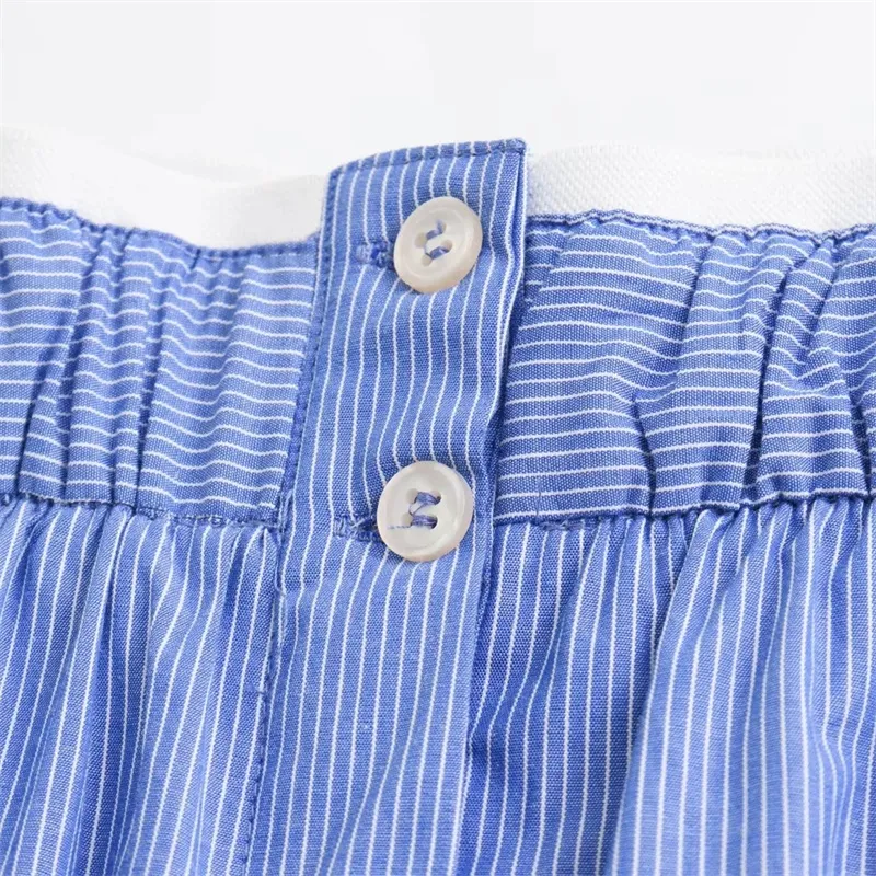 Novo Estilo Casual de Moda Calças Curtas de Popeline Listradas em Azul com Recortes na Cintura Média Roupas Femininas Atacado
