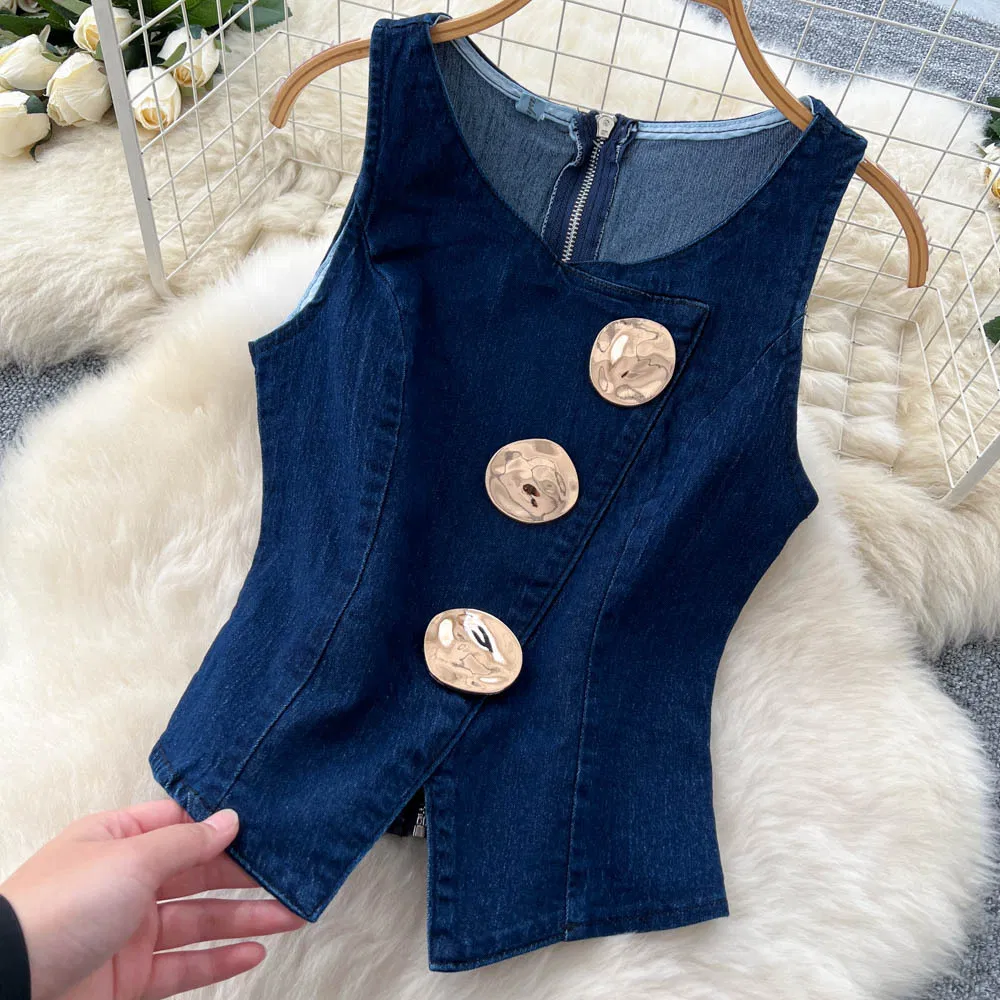 Conjunto Elegante de Top Sem Mangas em Denim e Calças Jeans de Cintura Alta com Pernas Largas para Mulheres, Gola Redonda, Botão de Metal, Roupa Casual em Denim com Ajuste Slim