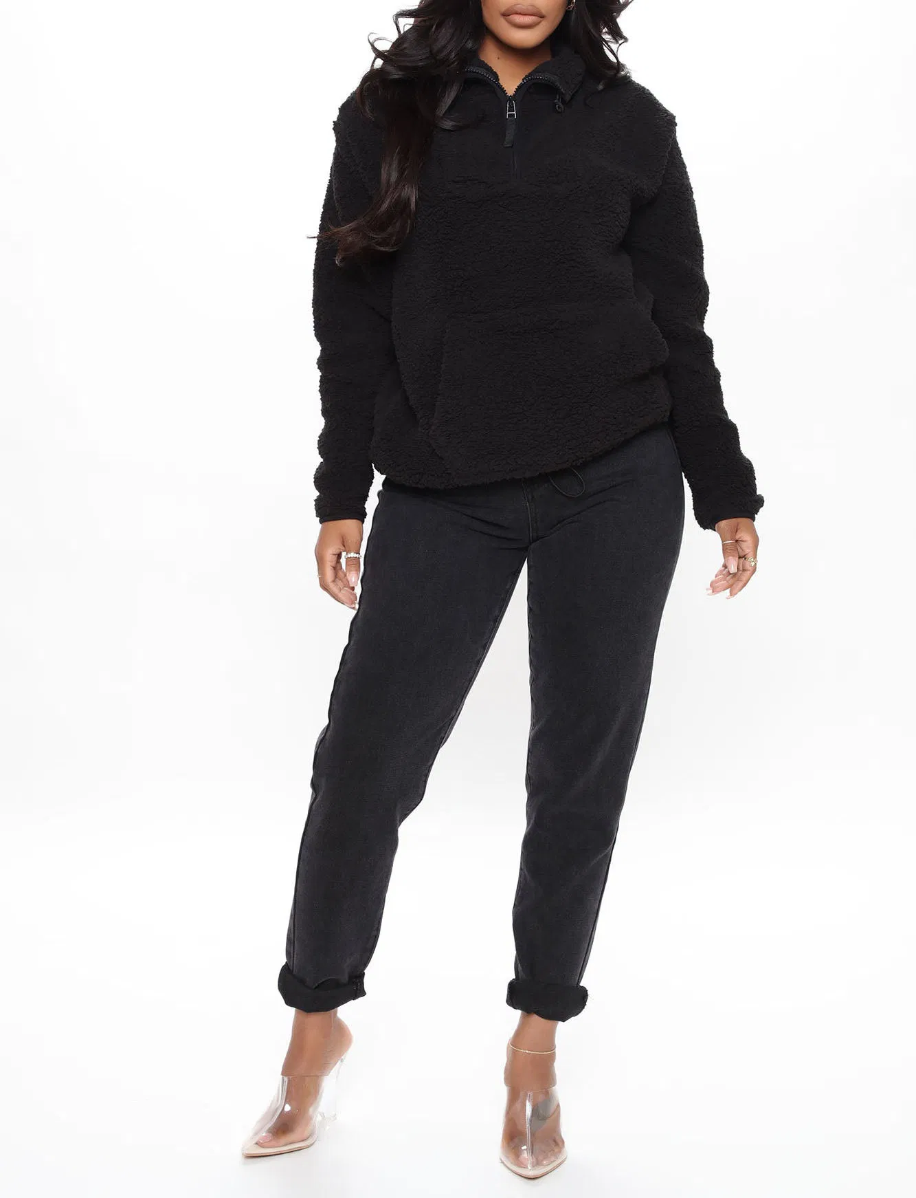Venda Quente Mulher Pulôver de Veludo de Algodão com Zíper Meio Inverno Quente Moletom Casual Moda Feminina