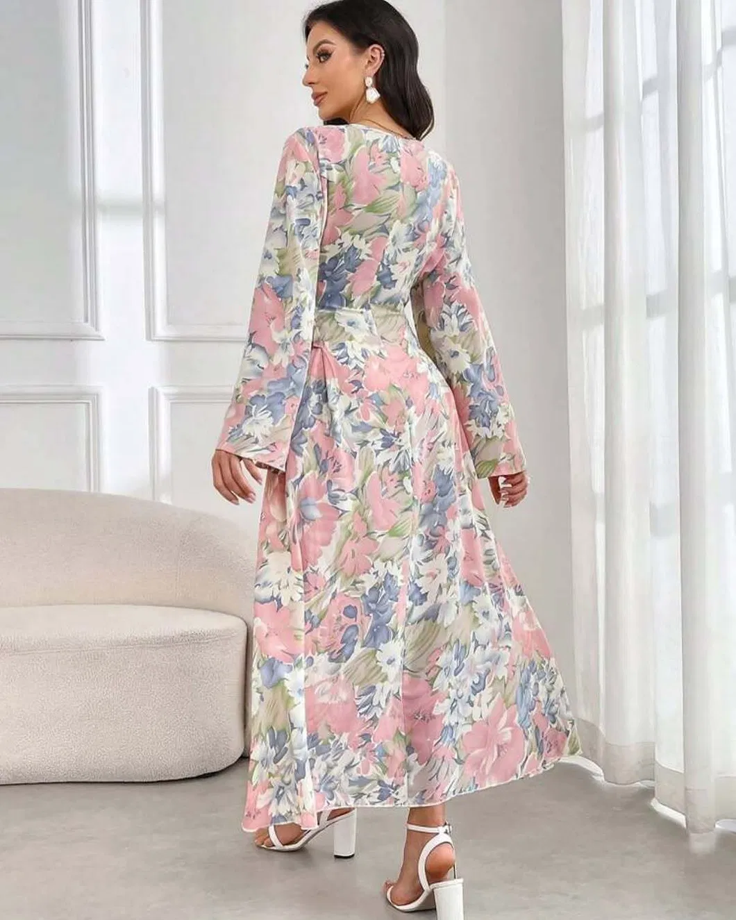 Vestido Maxi Floral de Chiffon para Mulheres, com Decote em V, Manga Sino, Vestido Longo Boho, Vestido em A-Line