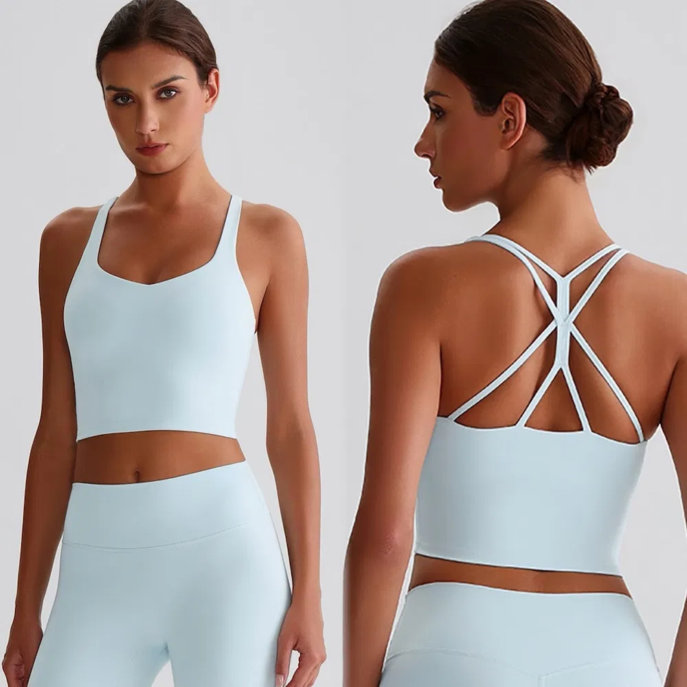 Nova Moda Sustentável de Roupas de Yoga e Pilates, Top Atlética com Costas Cruzadas e Almofadas Removíveis para Mulheres, Camisetas de Esportes ao Ar Livre com Logotipo Personalizado