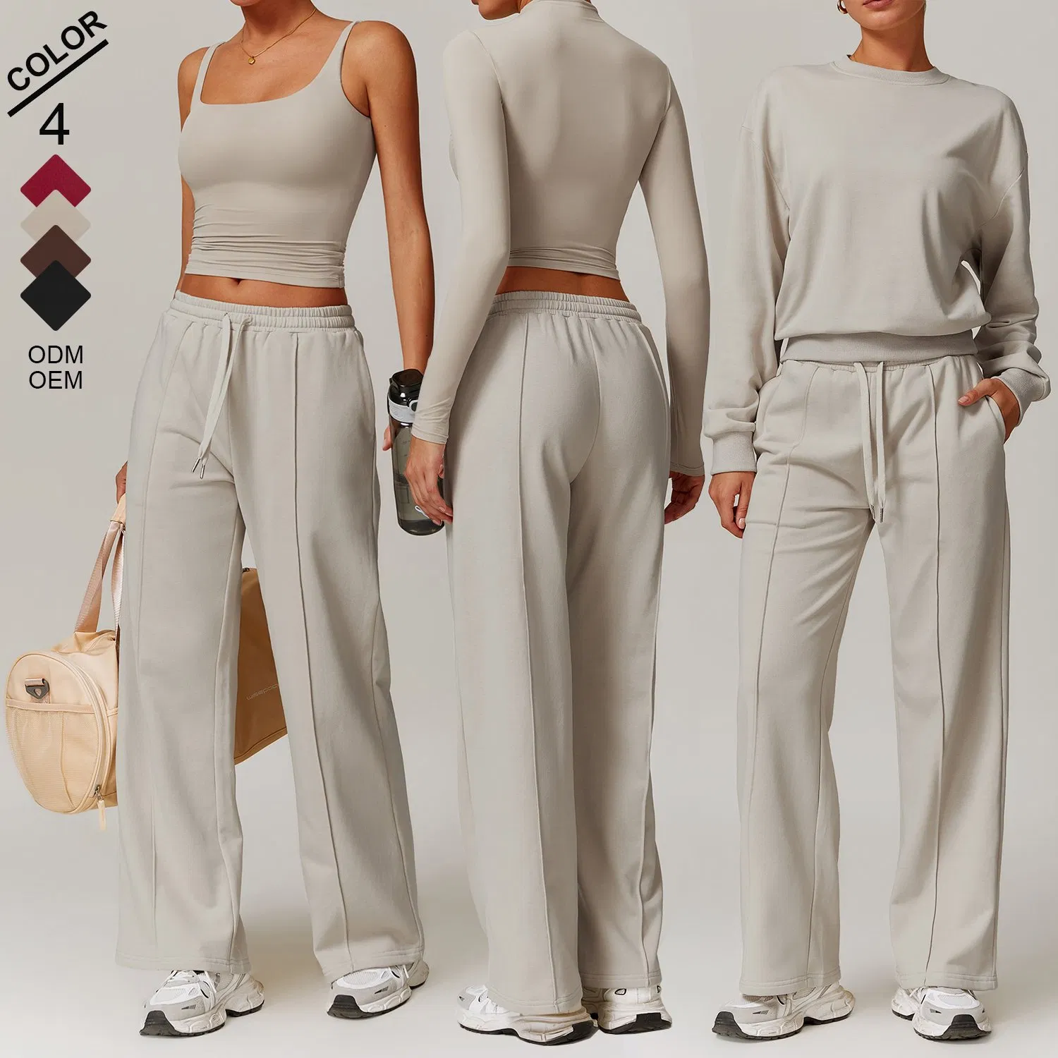 Calças largas femininas, camisetas de manga longa, moletom, conforto, roupas de lazer, vestuário esportivo