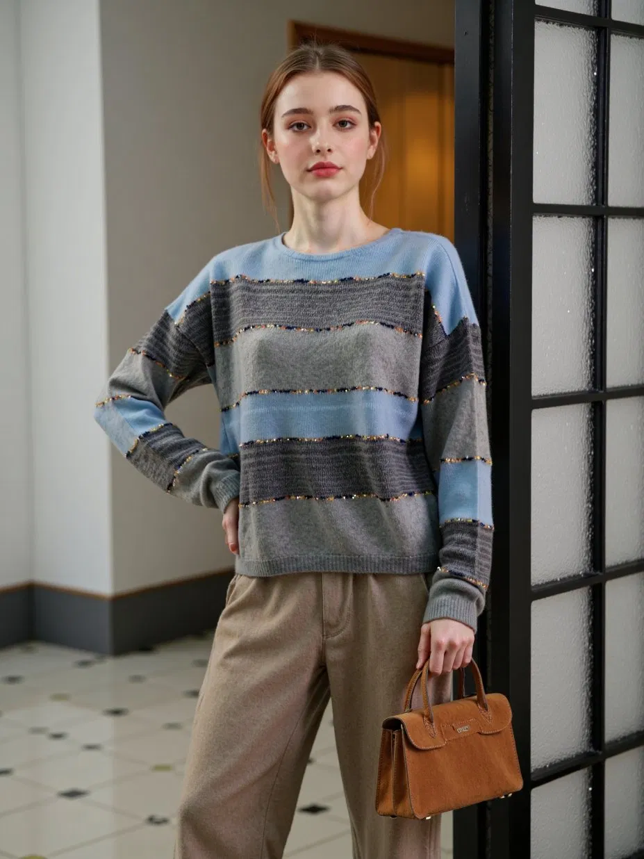 Suéter solto de manga longa para lazer urbano, moda feminina, cashmere com ricos padrões e fios, resposta rápida da fábrica