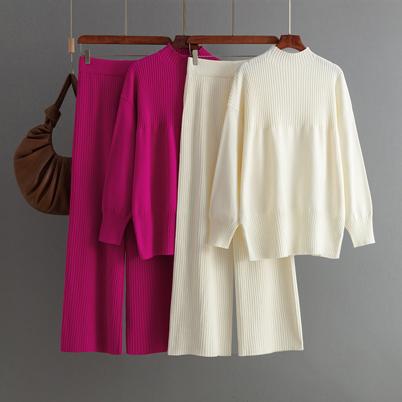 Roupas Femininas de Moda Outono Inverno Estilo de Moda para Mulheres Conjunto de Malha Solto Suave Suéter Calças Combinando Casual Confortável Conjunto de Duas Peças Atacado OEM