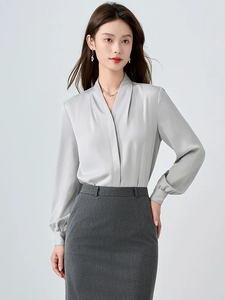 Blusas elegantes de manga longa em poliéster com decote em V para mulheres