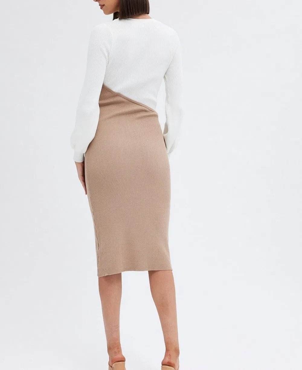 Vestido de malha feminino de manga longa com bloco de cores contrastantes e estilo para a moda de outono