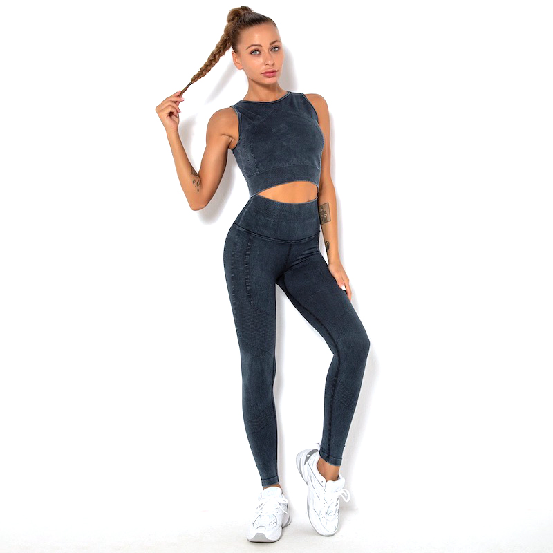 Conjunto de Roupas de Treino para Mulheres em Estilo Vintage com Lavagem Ácida 2 Leggings Sem Costura de Cintura Alta com Top Sem Mangas Almofadado Removível para Yoga