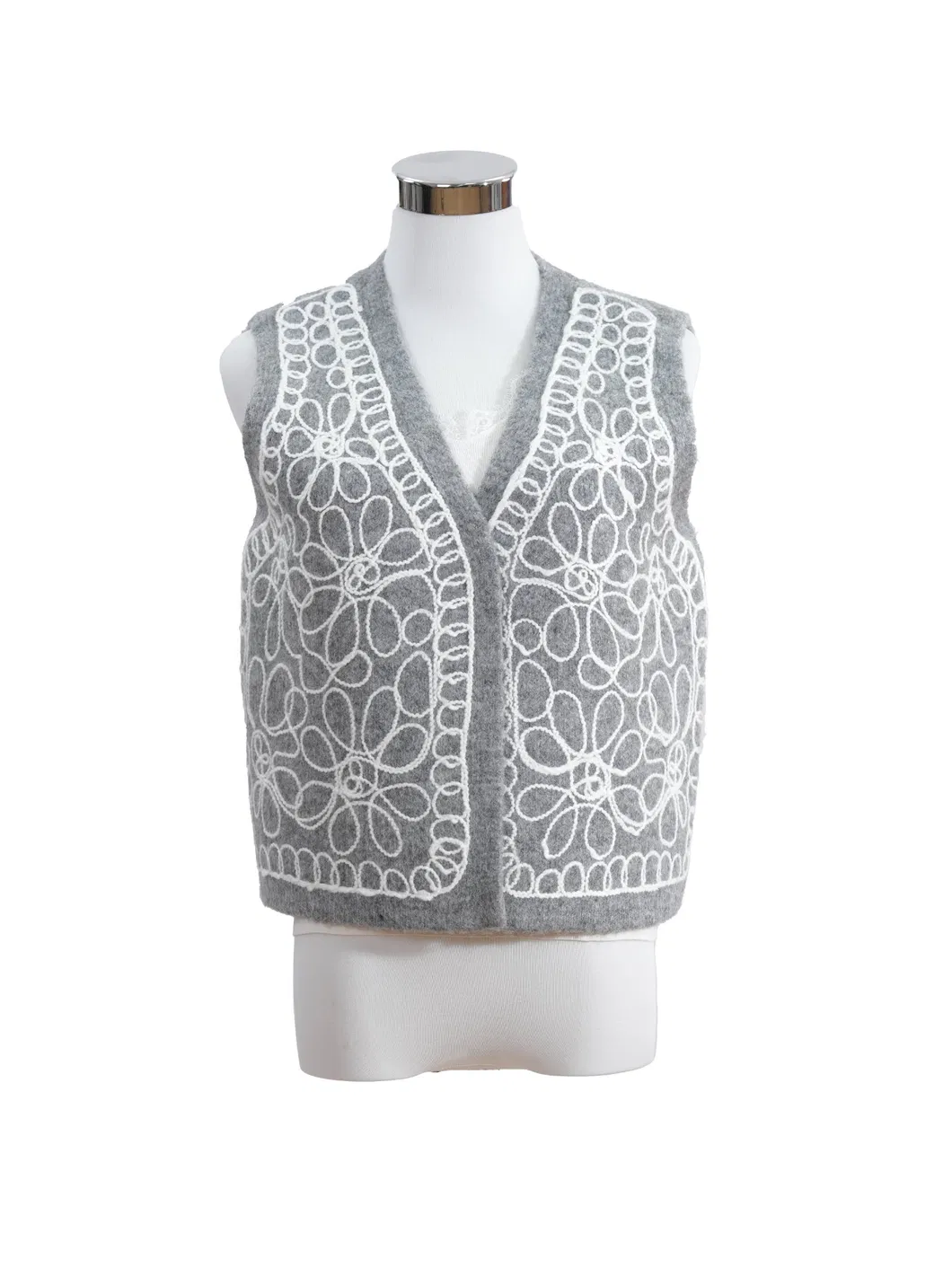 Colete sem mangas bordado em acrílico cinza névoa vintage para mulheres, roupa de outono