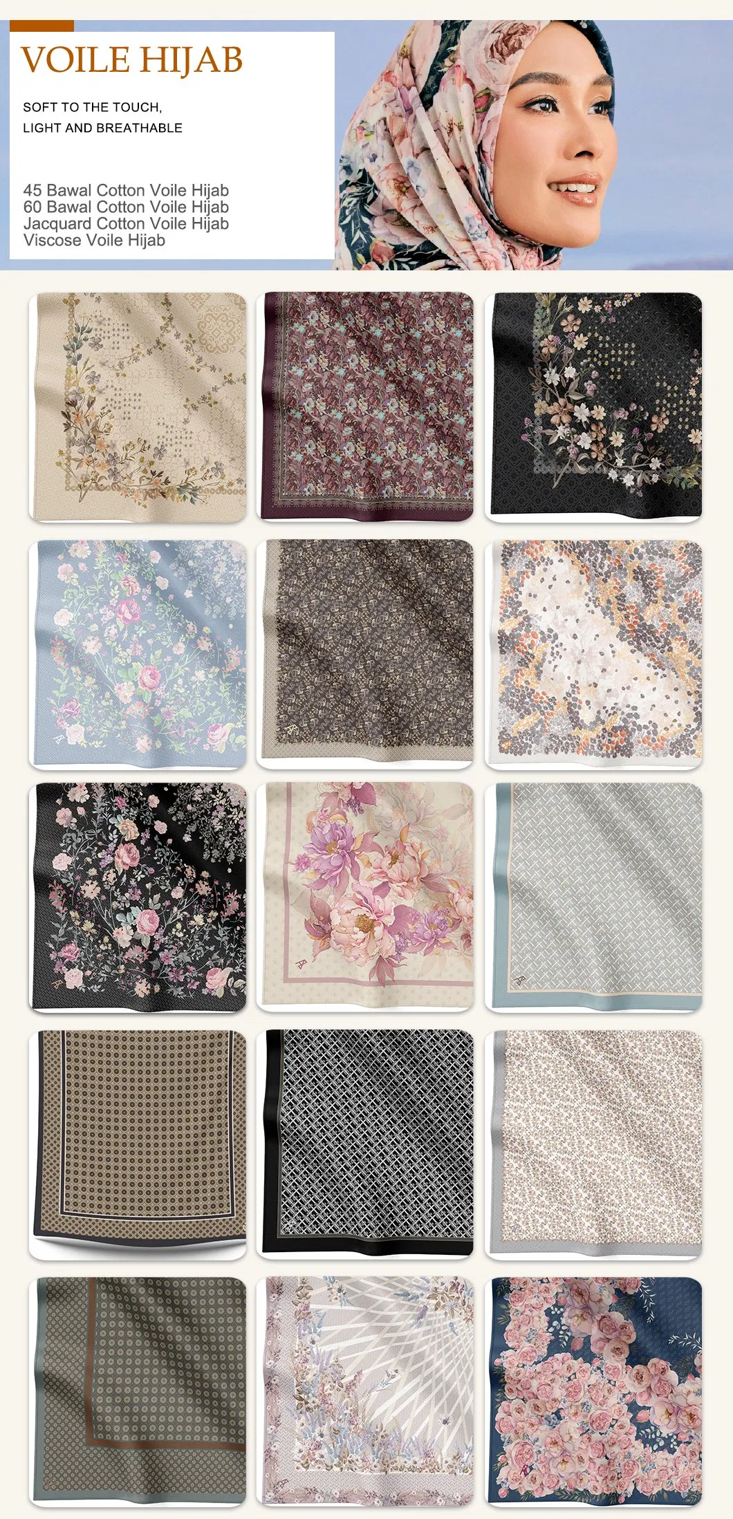 Moda Modesta Elegante Personalizada Estampas Sazonais Mercado do Oriente Médio Hijab de Cetim Elástico
