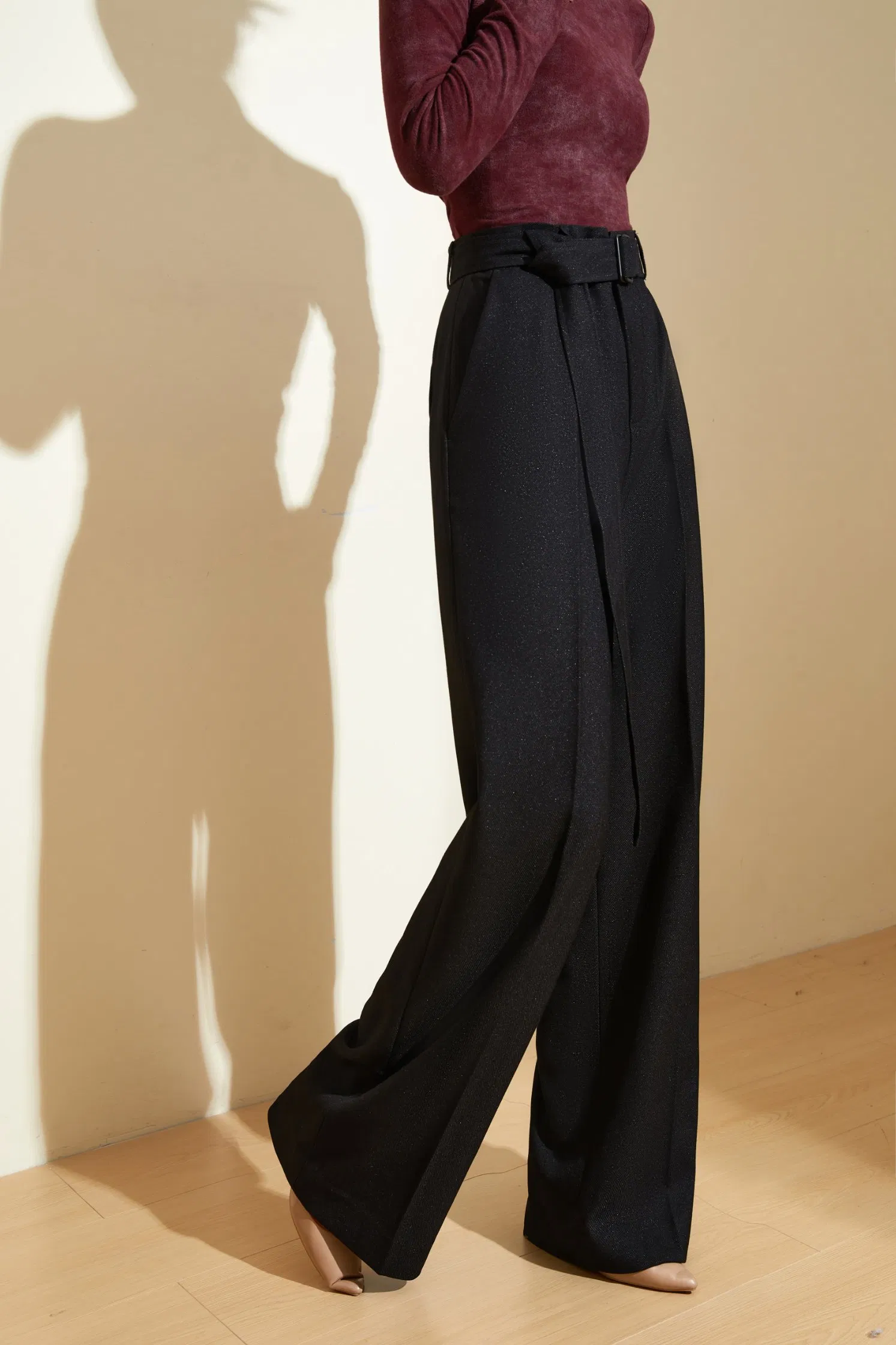 Calças largas de lã de inverno com textura de tweed para mulheres - Vestuário de escritório