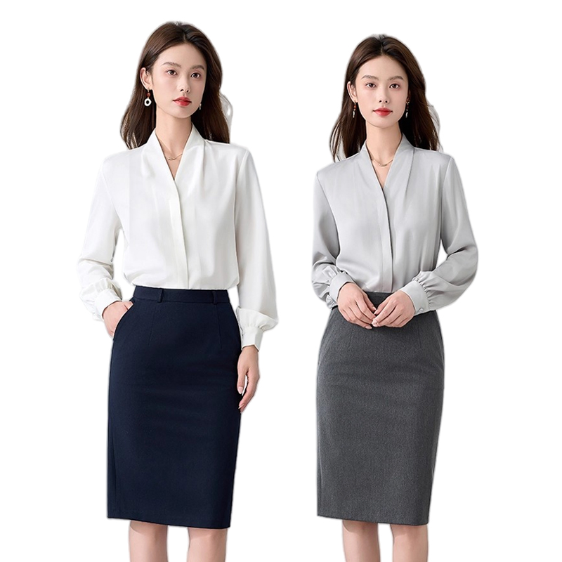 Blusas elegantes de manga longa em poliéster com decote em V para mulheres para reuniões de negócios
