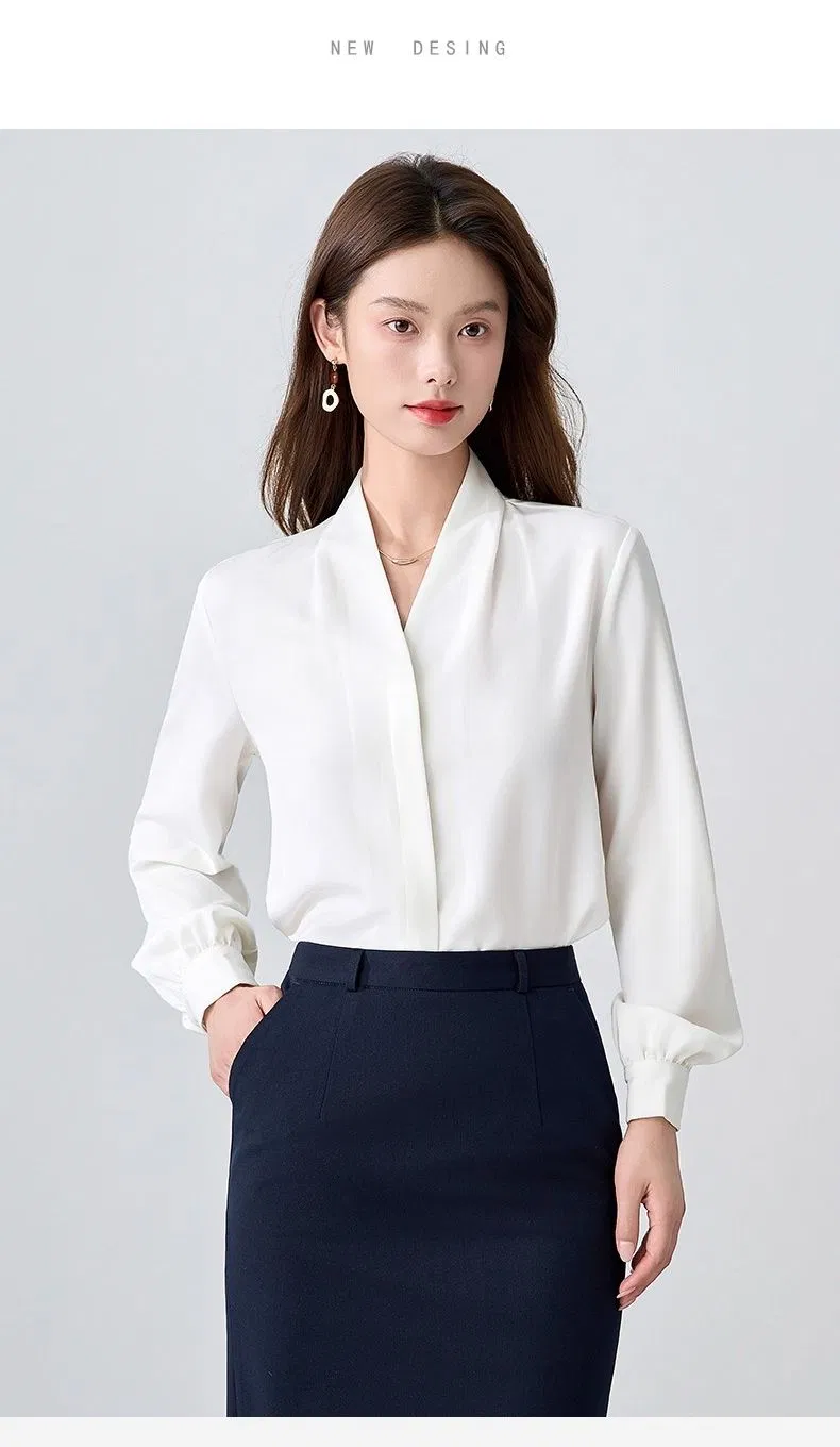 Blusas elegantes de manga longa em poliéster com decote em V para mulheres para reuniões de negócios