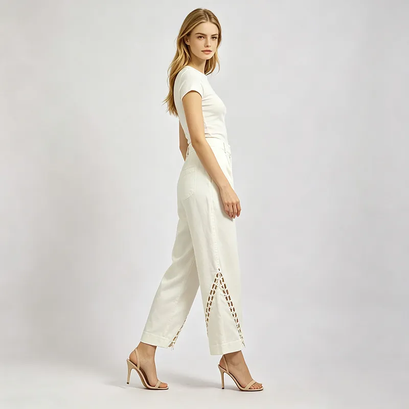 Calças cropped de cintura alta off white com recortes laterais, calças soltas plissadas para escritório, modelo reto para mulheres, personalização OEM