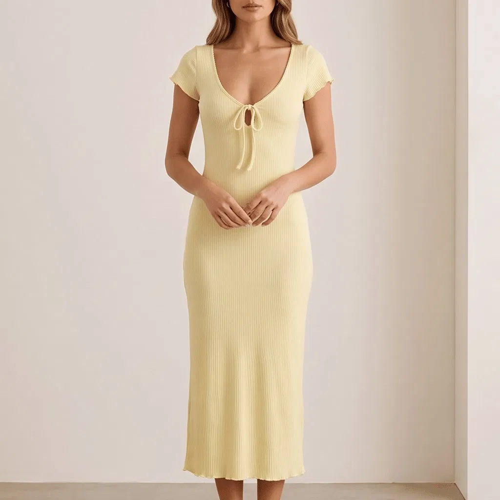 Vestido longo slim-fit de malha com decote em V profundo resistente a bolinhas para mulheres, ideal para encontros