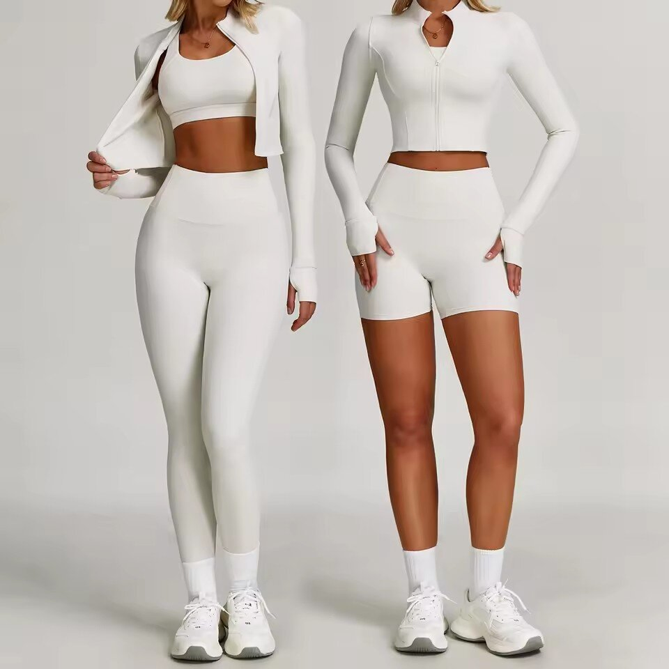 Conjunto de Roupas de Yoga 3 Peça Mulheres Jaqueta de Manga Longa Ativa Top Esportivo Conjunto de Yoga Leggings de Ginástica Roupa de Fitness Conjunto de Esportes