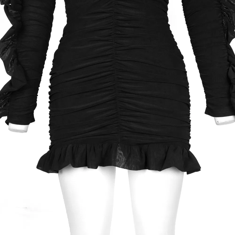 Vestido mini sexy preto justo personalizado, ombro a ombro, com pregas franzidas e babados, manga longa, estilo casual, vestido de festa para mulheres