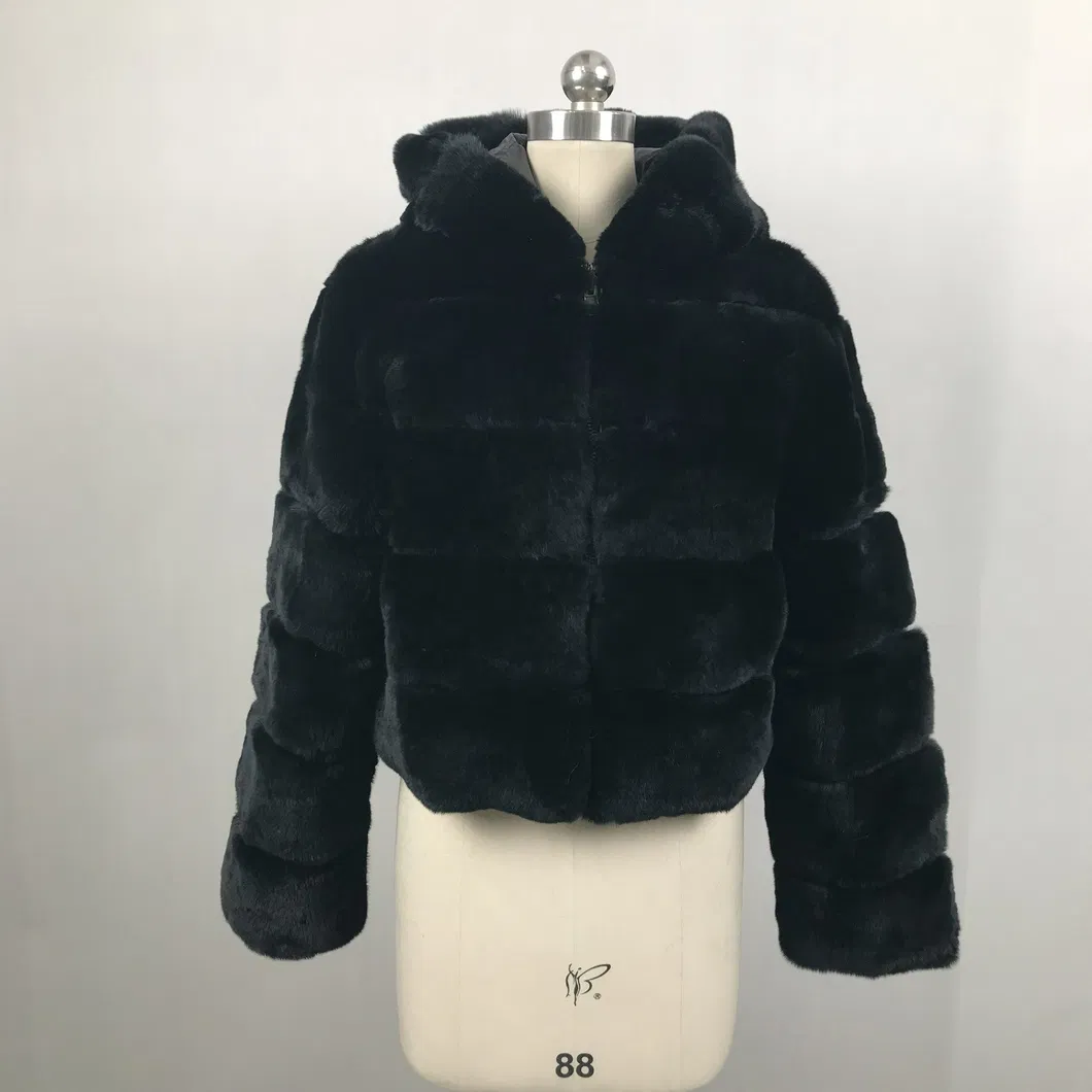 Atacado Mulheres Inverno Quente Personalizado Reversível Com Capuz Manga Longa Senhora Casaco de Pato Rex Coelho Mulheres Casaco de Pêlo Real