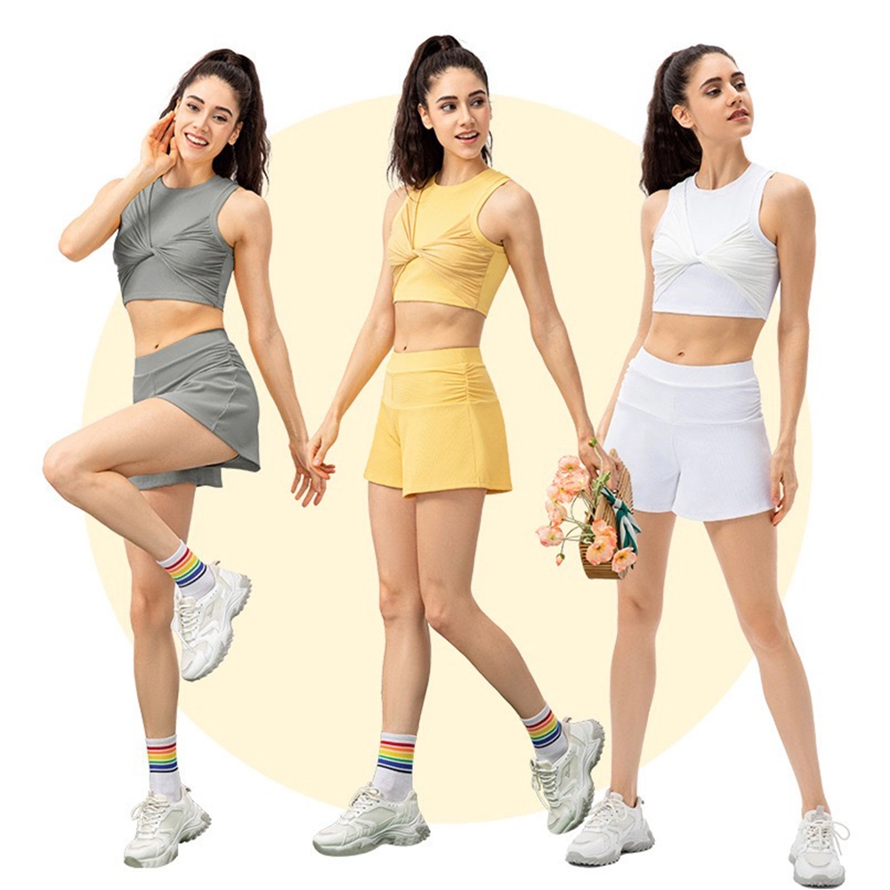 2 Conjunto Fofo de Verão Roupas de Lazer Ribbed para Exercícios Corrida Tênis Golfe Ciclismo para Mulheres, Top de Ginástica Casual com Shorts Atletas Roupas Esportivas Casuais