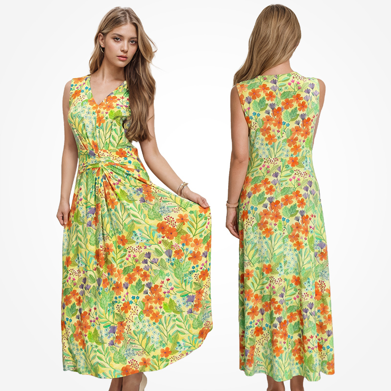 Vestido Midi Floral de Fibra de Bambu para Mulheres, Ecológico, Casual, Verão, Vestidos Femininos