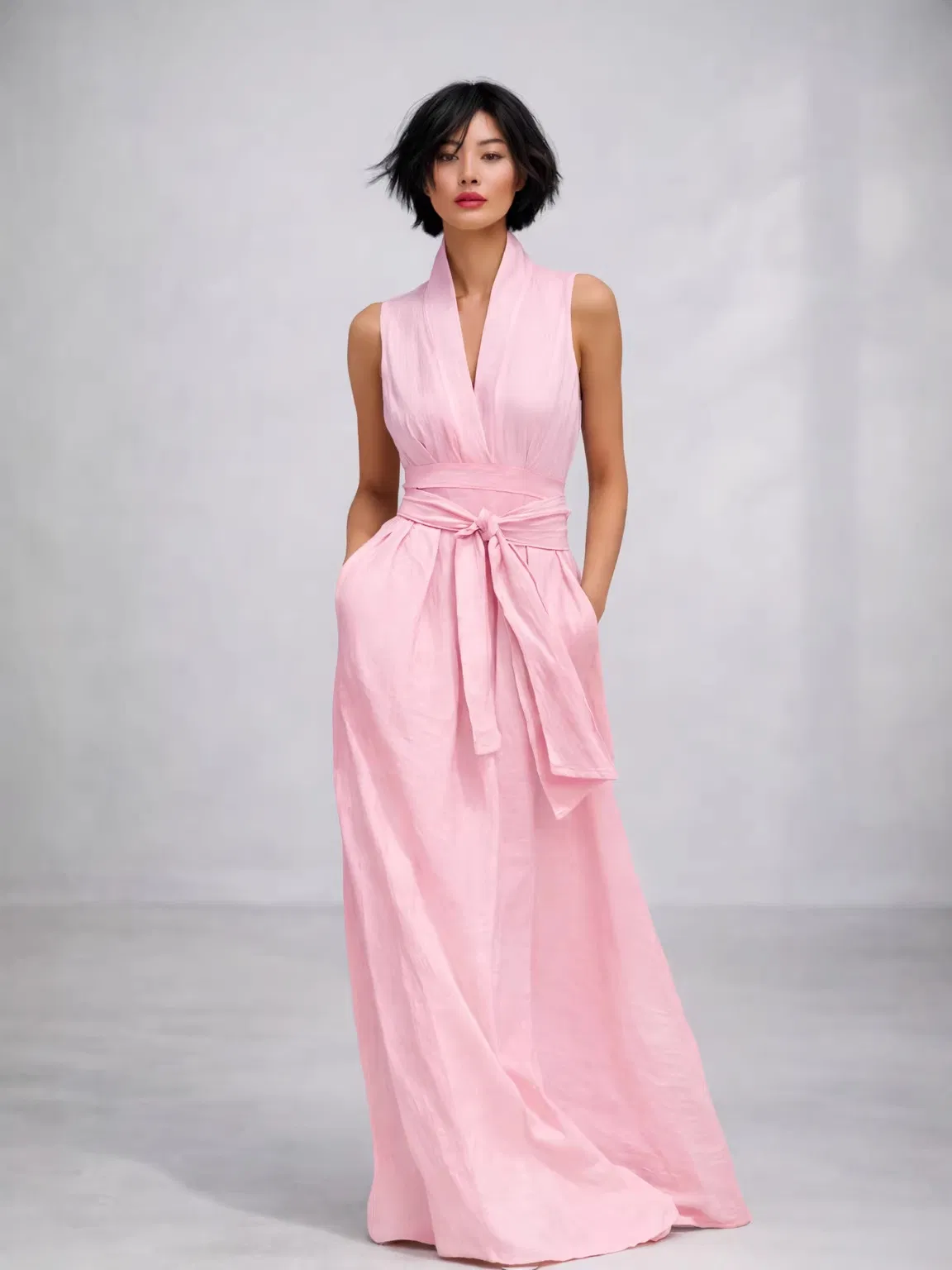 Vestido Maxi Sem Mangas de Decote em V com Cinto em Multicor para Mulheres com Bolsos, Fluido, Corte A, Vestido Formal de Noite
