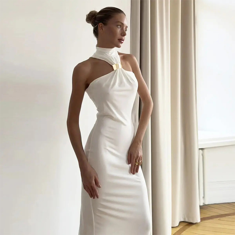 Vestidos Maxi Sem Mangas Bodycon Femininos de Verão 2025 Novo Design Elegante com Decote Vestido Midi Sexy com Fenda para o Quadril