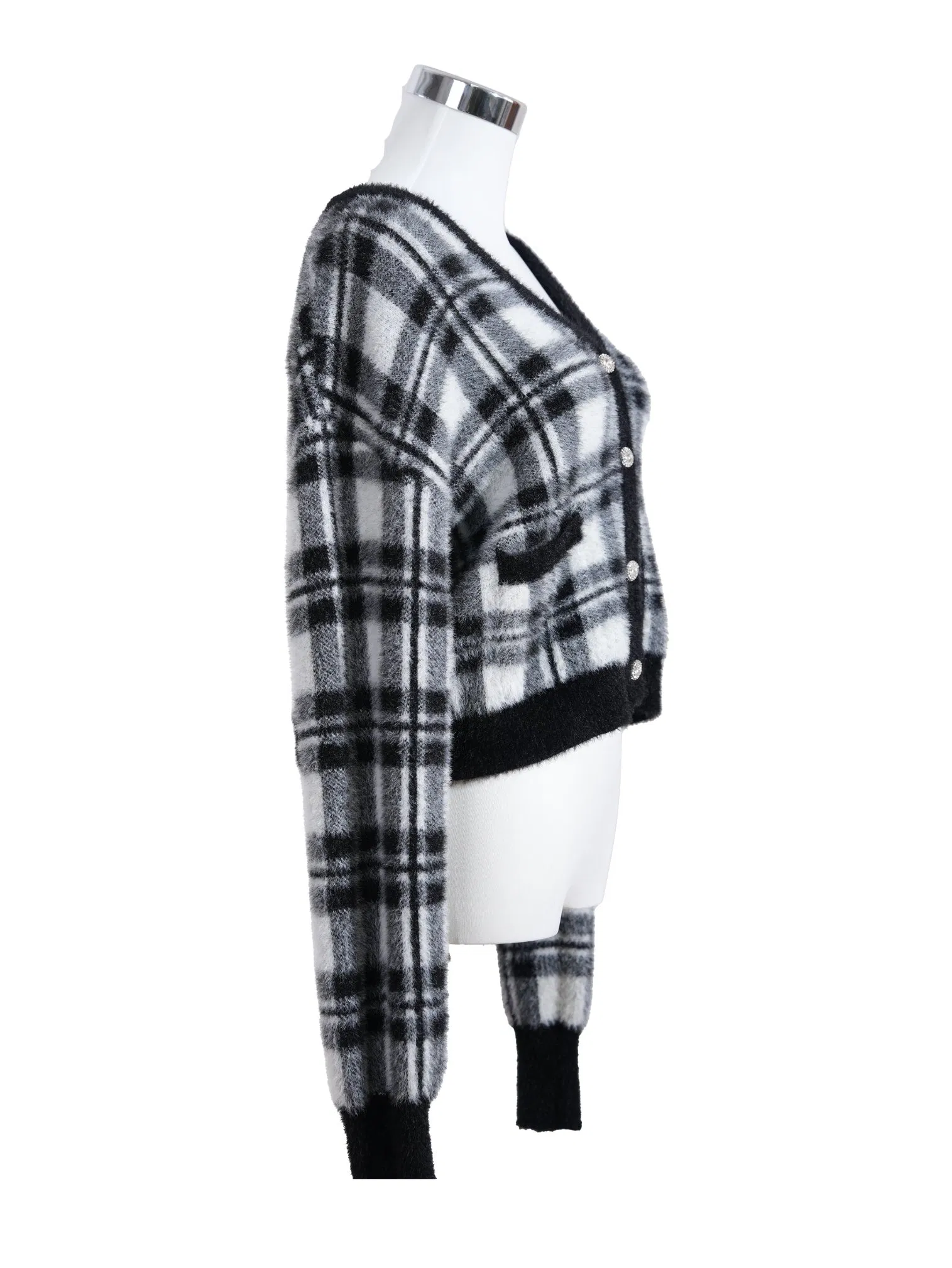 Cardigã de Malha Fuzzy de Nylon Xadrez Feminino 100% Moda Urbana