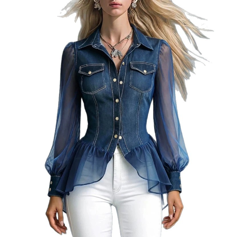 Camisa de Denim com Gola Pontuda para Mulheres, Manga Puff Transparente, Peplum, Cintura Ajustada, Blusa de Botão