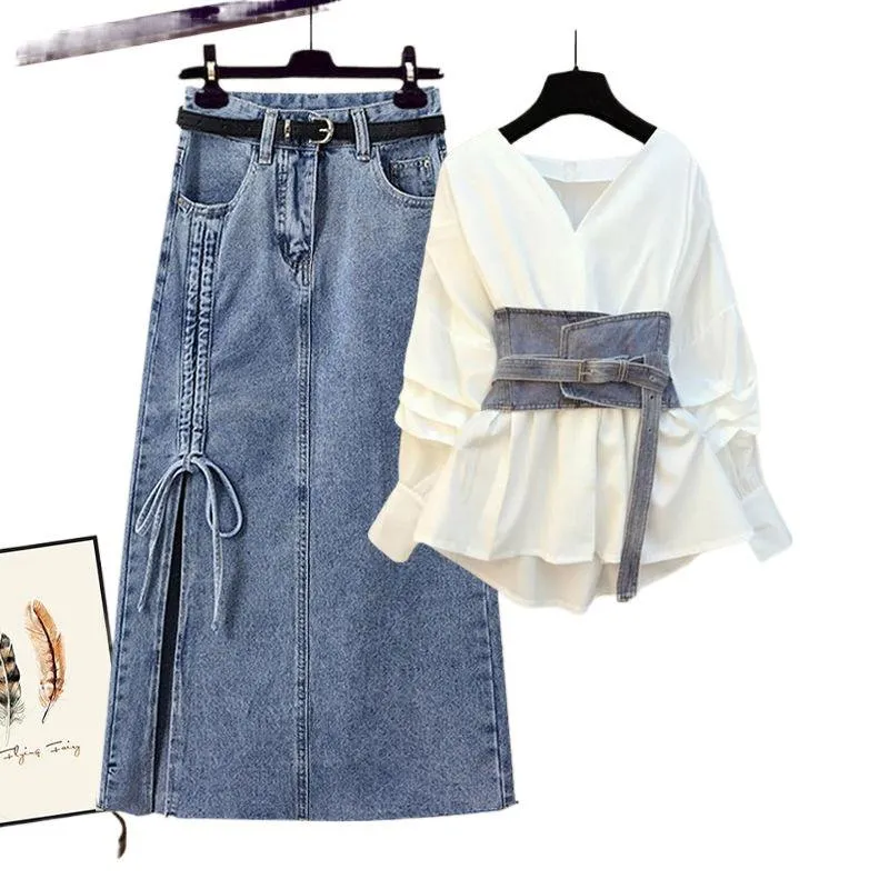 Conjunto de Roupas de Camisa com Cintura Fina e Saia de Jeans para Mulheres Plus Size OEM