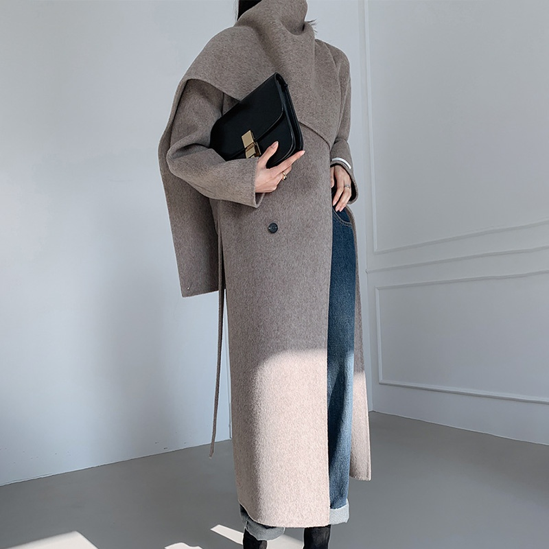 Vendas Diretas de Fábrica de Cachecóis Femininos, Casacos Longos de Lã de Cashmere com Gola, Casacos de Lã Dupla Face