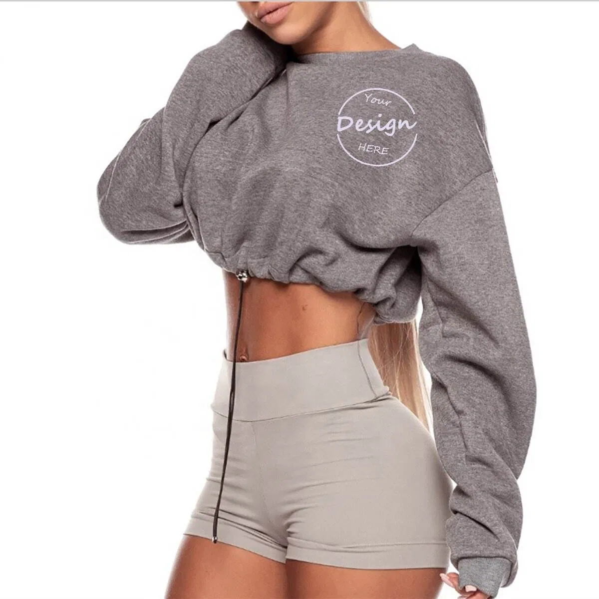 Moletom Crewneck Cortado Personalizado Atacado Fleece Solto Casual Corrida Respirável Roupas Femininas Esportivas com Cordão