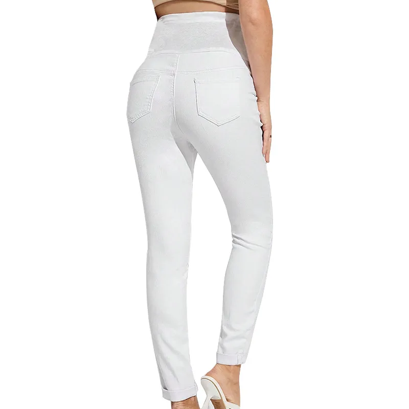 Calças de cintura alta de denim para mulheres grávidas europeias e americanas, calças skinny da moda com pernas pequenas e elásticas, mamãe estilosa