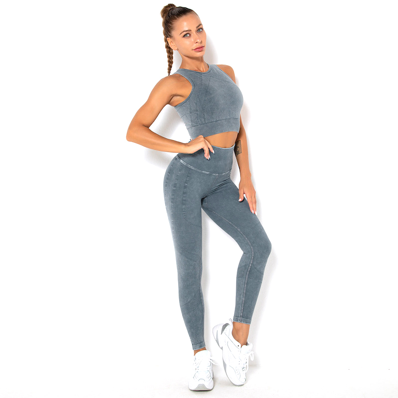 Conjunto de Roupas de Treino para Mulheres em Estilo Vintage com Lavagem Ácida 2 Leggings Sem Costura de Cintura Alta com Top Sem Mangas Almofadado Removível para Yoga